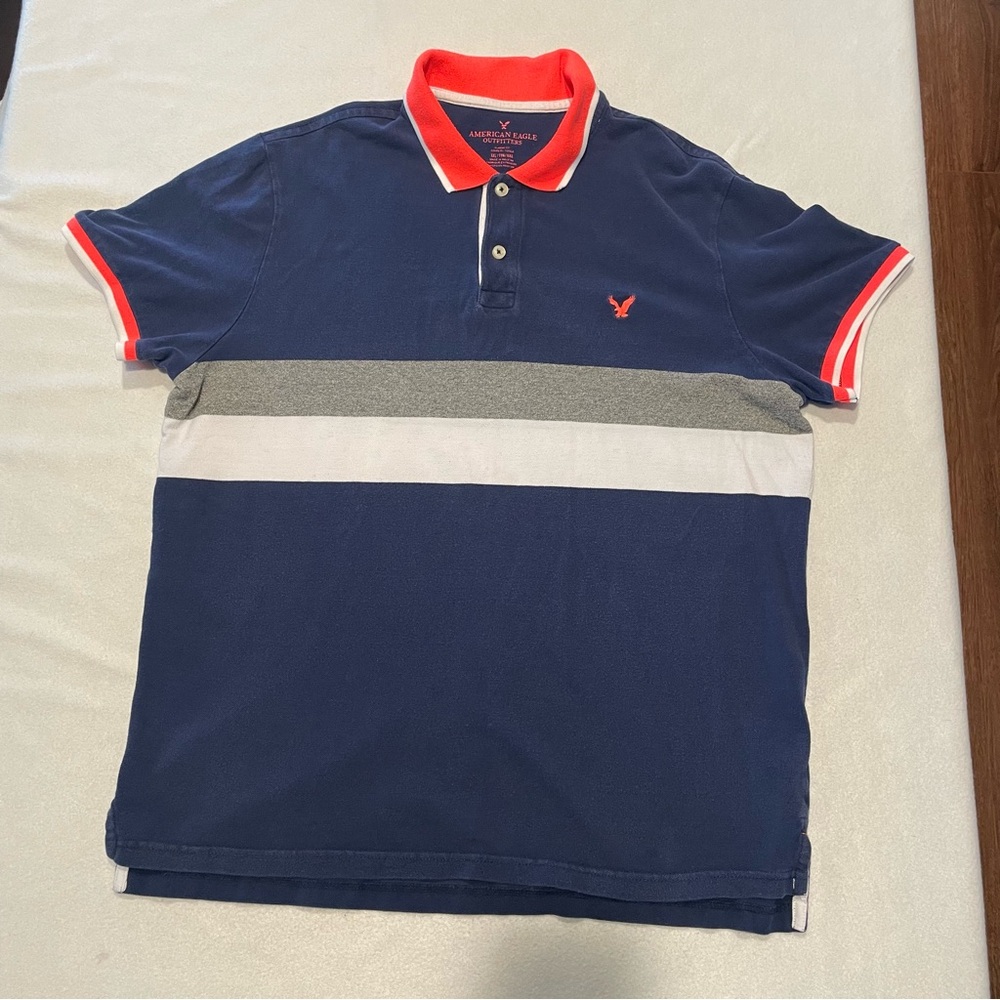 American Eagle polo, vintage, blue, gray, orange, XXL